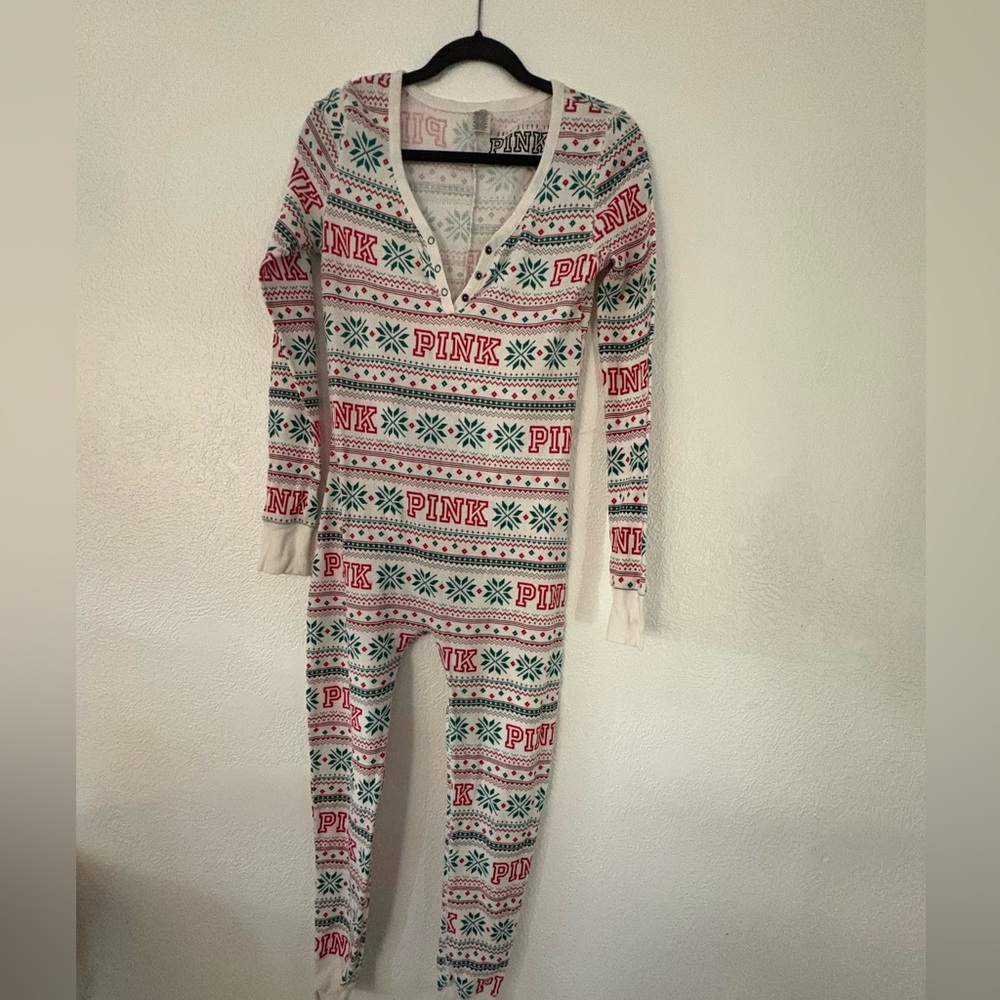 Victoria' s Secret pink pajama christmas onesie long johns waffle pjs